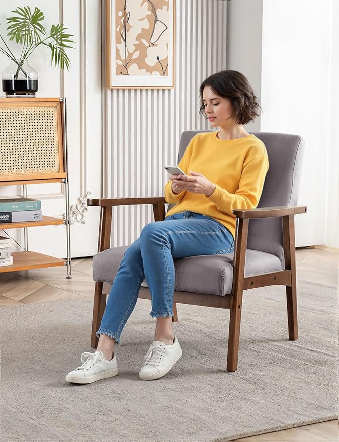 Mid Century Modern Accent Chairs for Living Room Comfy Bedroom Chairs for AdultsSmall Wide Reading Nook Arm Chair 105° Ergonomic Cozy Grey Linen Armchair with Rubber Wood