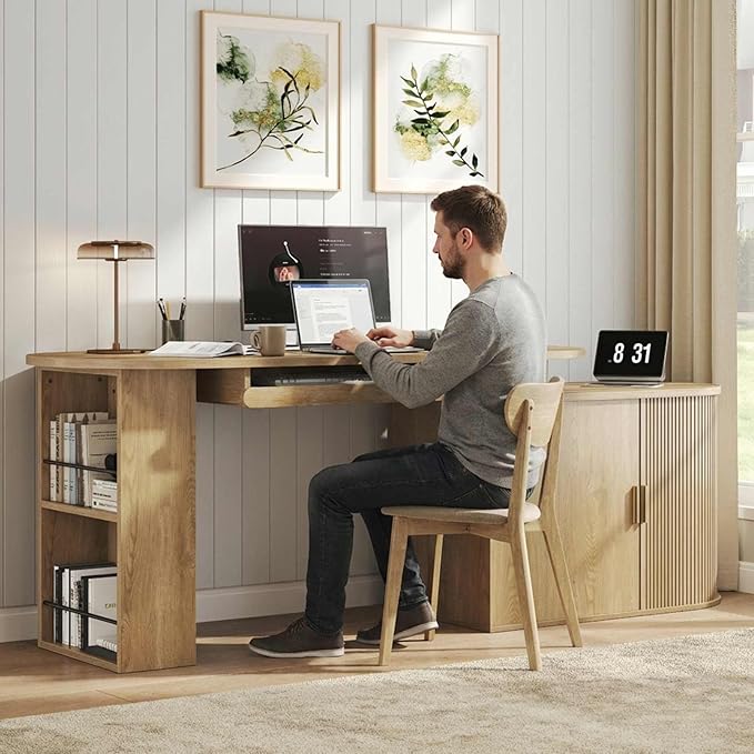 HSH Office L Shaped Computer Desk Large Reversible L Desks with Storage Cabinet and Keyboard Tray Home Office Corner Executive Desk with Power Outlet for Study Workstation Oak 60 Inch