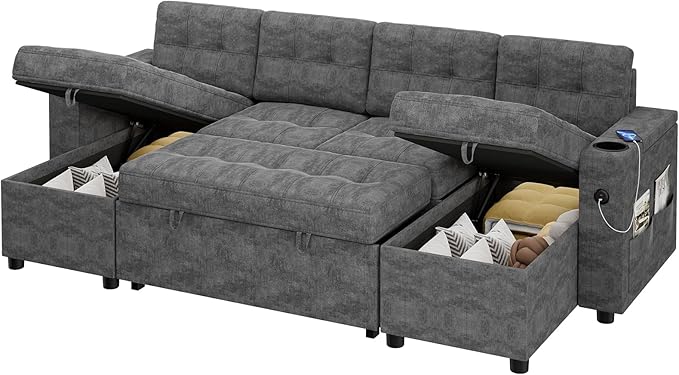 IDEALHOUSE U-Shaped Couches for Living Room Sofa Bed for Living Room with Reversible Storage Chaises and Hidden Storage Armrests Cup Holders and USB Charging Ports Included Dark Grey