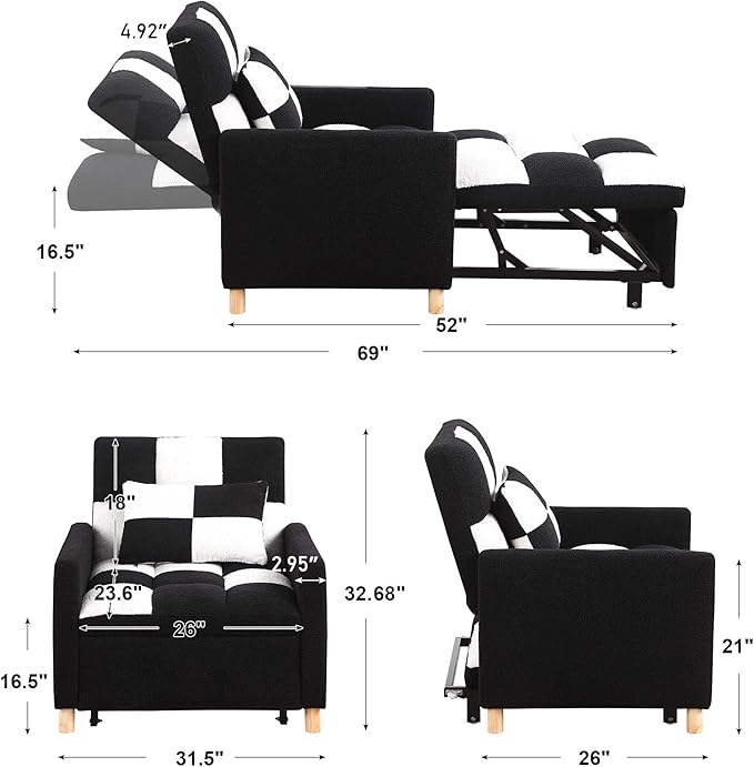 Convertible Sleeper Sofa Chair 3 in 1 Multi-Function Folding Ottoman Couch Sigle Pull-Out Bed with Adjustable Backrest and Pillow for Living Room Apartment Office Black&ampWhite