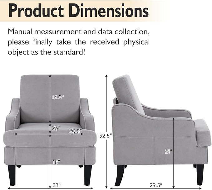 Accent Chair for Living Room Upholstered Living Room Chair with Side Pockets Comfy Accent Chairs for Bedroom Mid Century Modern Armchair for Office Apartment Waiting Room Club (Grey)
