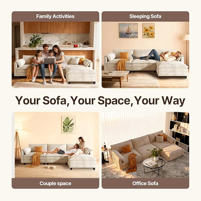 107 L Shaped Modular Sectional Cloud Couch with Pillow Deep Seat Sofa Couches for Living Room 4-Seat Modern Sofa with Movable Ottoman Comfortable Living Room Couch (Beige 107 Inch-L)
