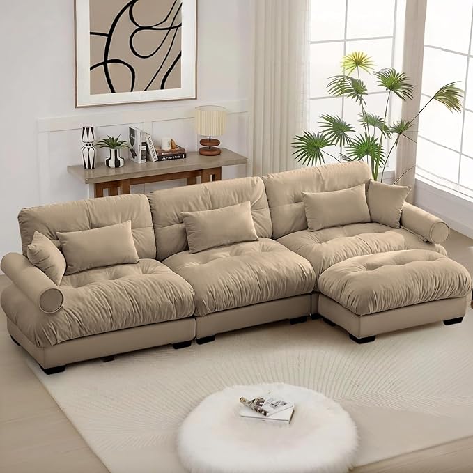 Velvet Modular Sectional Sofa3-Seater Cloud Couch with OttomanPillows and High Density Memory Foam for Living Room Home TheaterApartment（Camel）