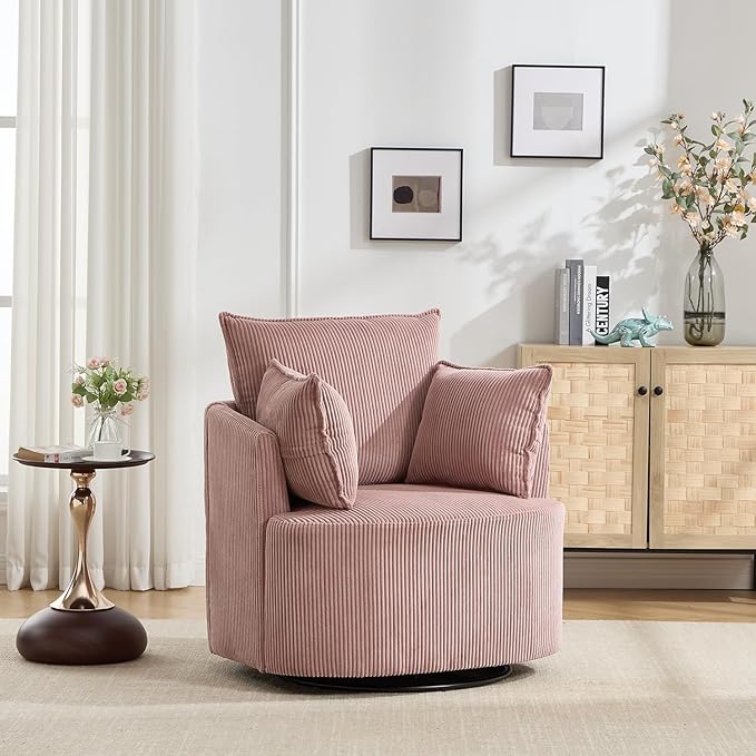 360° Swivel Accent Armchair Chair Pink Swivel Round Barrel Chair with 2 Pillows Upholstered Corduroy Accent Chairs for Living Room Bedroom Reading