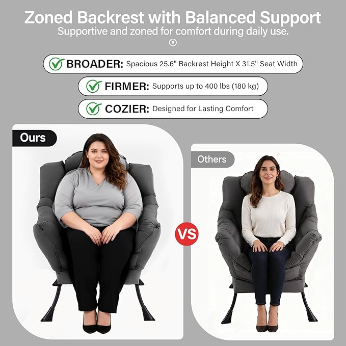 Lazy Chair with Ottoman Modern Accent Chair with Lumbar Pillow Dark Grey Sofa Armchairs with Folding Footrest Oversized Supportive Chairs for Bedroom Reading