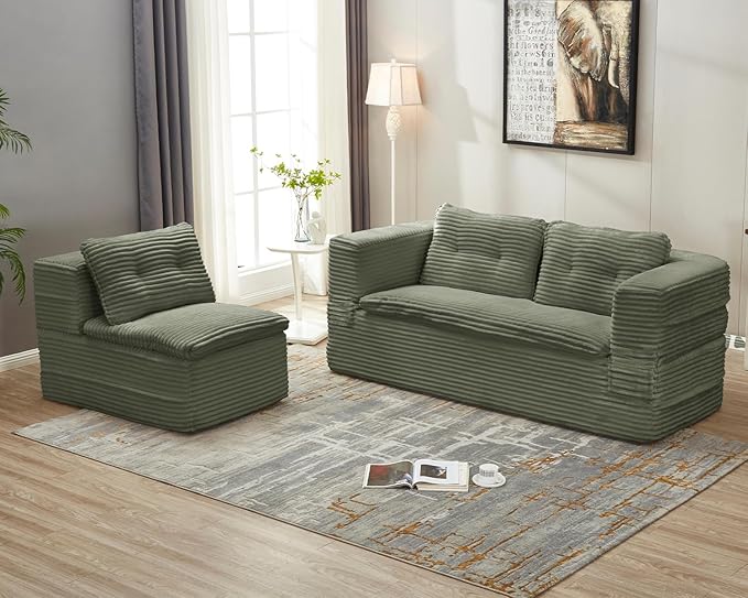 Convertible Sleeper Sofa Bed with Chaise Lounge Set80 King Folding Mattress Cloud Floor Loveseat CouchCorduroy Boneless Sectional Couch for Living Room Bedroom ApartmentGreen