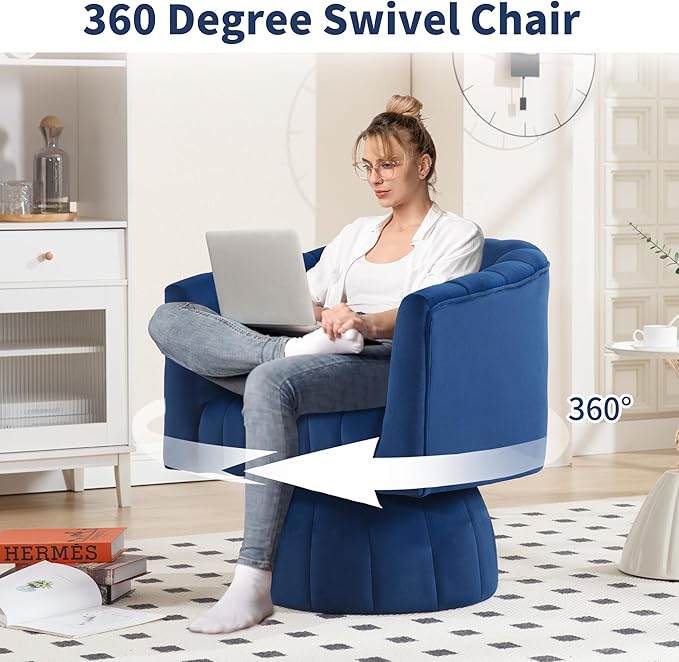 Swivel Accent Barrel Chair Set of 2- Cute Comfy Small Round Arm Chair Velvet Sofa Club Reading Chair for Living Room Bedroom Dark Blue
