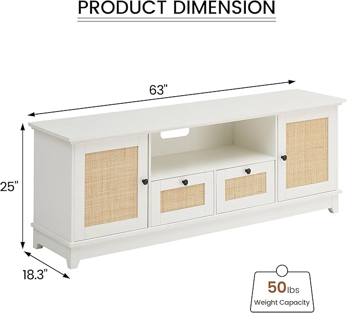 IDEALHOUSE Rattan TV Stand for 65+ Inch TV Boho Entertainment Center with Storage Drawer and Open Shelves TV Console Cabinet with Adjustable Shelf for Living Room Bedroom White