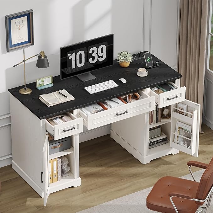 ONBRILL 55 inch Farmhouse Executive Desk with Drawers Home Office Desk with File Cabinet Outlets Storage Cabinet Keyboard Tray Wood Computer Desk for Work Study Writing Off White &amp Black