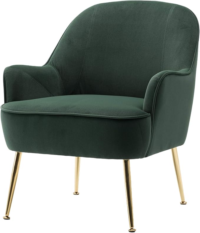 Modern Ergonomics Soft Velvet Fabric Material Armchair Accent Chair with Gold Legs Coffee Table Side Chair Comfy Upholstered Arm Chair for Indoor Home Living Room Bedroom (Dark Green)