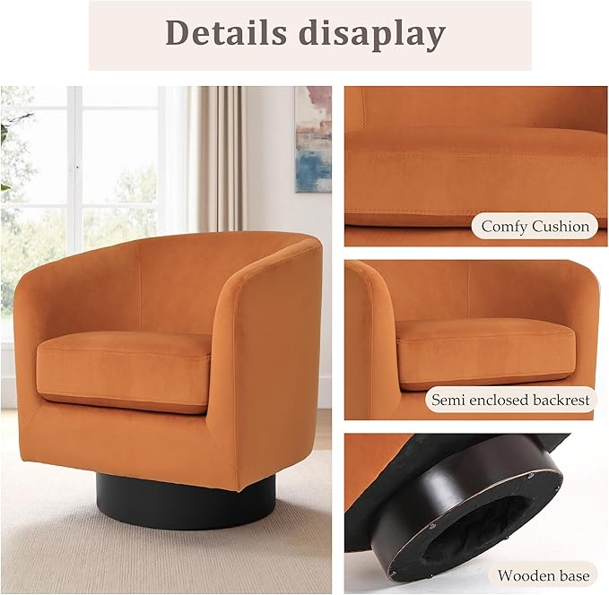 Swivel Barrel Accent Chair Modern 360° Swivel Round Barrel Chairs with Curve Back Upholstered Velvet Fabric Armchair Single Sofa Club Chair for Living Room Bedroom Orange