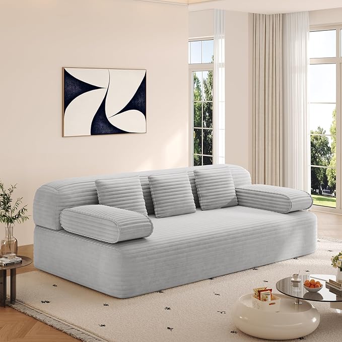 2-in-1 Convertible Folding Futon Sofa Bed with Reversible Backrest &amp Pillows 78 Corduroy 3-Seater Cloud Boneless Couch Comfy Modern Floor Couch Bed for Living Room Bedroom No Assembly(Light G