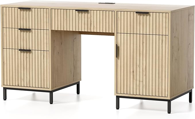 55 Fluted Executive Desk Modern Home Office Desk with Charging Station Keyboard Tray File Drawer Storage Cabinet for Work Study Writing Desk Light Oak