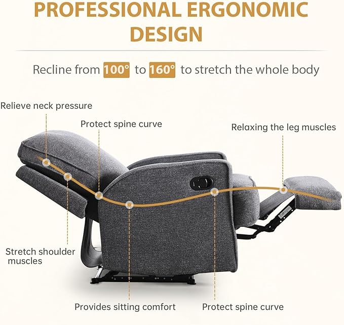 Classic Manual Recliner Chair Set of 2 for Adults Soft Fabric Overstuffed Reclining Sofa Chair with Padded Backrest Heavy Duty Recliners for Living Room BedroomGrey