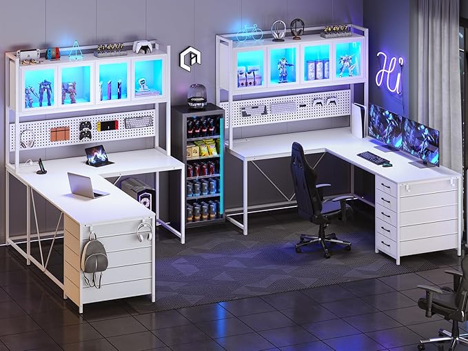 SEDETA L Shaped Gaming Desk with Drawers L Shaped Computer Desk with Hutch and Storage Shelves Gaming Desk with Pegboard Led Lights and Power Outlet Home Office Desk Corner Desk White