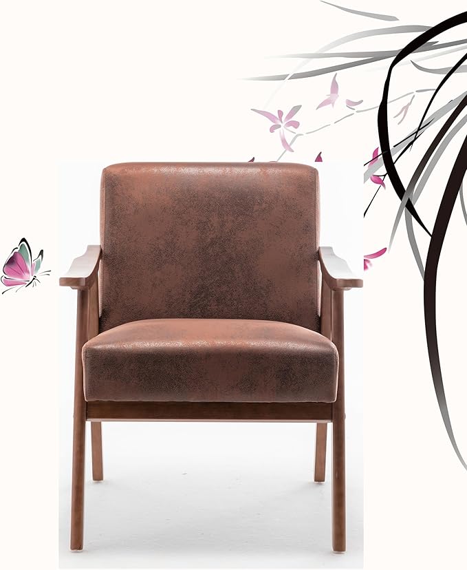 Mid Century Modern Accent Chairs with Arms Portable Rustic Solid Wood Home Chair Comfortable Chairs for Living Room Extra Seating Modern Accent Chair for Bedroom OfficeLightbrown-Microfibe