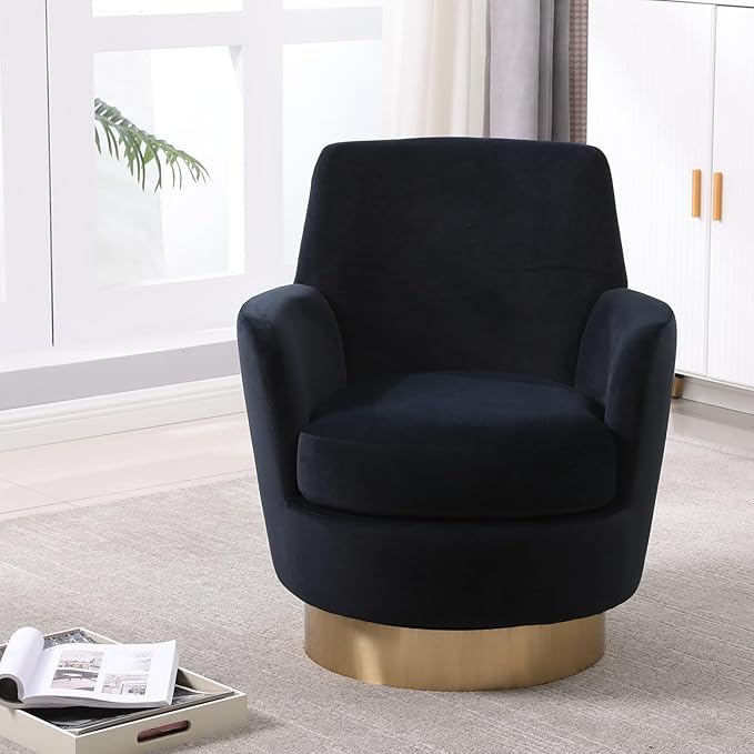KEIKI Velvet 360° Swivel Barrel Chair with Gold Stainless Steel Base Accent Round Single-seat Upholstered Reading Sofa Armchair for Nursery Reading Living Room Bedroom Lounge Hotel Black Velvet
