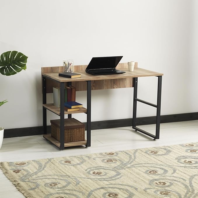 Epinki Black Metal Frame 58 Looden Top 2 Shelves Writing and Computer Desk for Home Office Oak