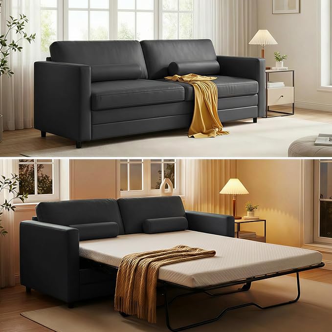 BALUS 79 W Queen Size Pull Out Sofa Bed 2-in-1 Convertible Sleeper Couch with Fold Out Mattress Modern Faux Leather Sleeper Sofa for Living Room Apartment Includes 2 Bolster Pillows - Dark Grey