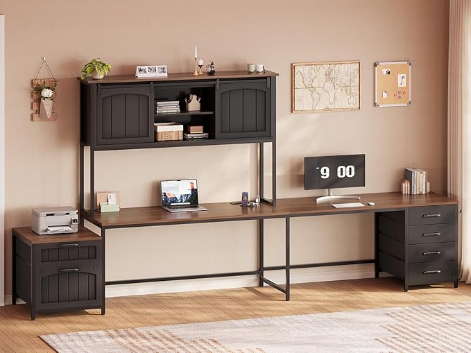 SEDETA Farmhouse L Shaped Office Desk with 6 Drawer Reversible Computer Desk with Power Outlet Hutch for Home Office/Two Person Corner Desk with File Drawer &amp Printer Storage Shelves Black