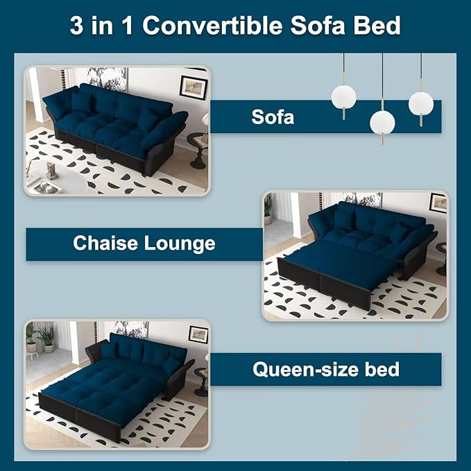 3-in-1 Folding Convertible Sleeper Tufted Couch with 2 Soft Pillows 74.8 Queen Pull Out Sofa Bed Multi-Functional Velvet Loveseat Bed Blue