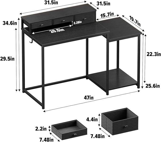 SINPAID 47 inch Computer Desk with Printer Shelf Gaming Desk with Monitor Stand and Drawers Reversible Home Office Desk with Storage Shelves and 2 Hooks Home Workstation for Study Writing Black