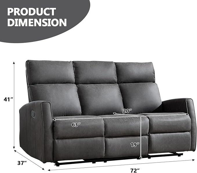 EBELLO Manual 3 Seat Reclining Sofa Couch Wall-Hugger 3-Seater Recliner Sofa with Overstuffed Backrest Soft Fabric Reclining Sofa Set for Living Room Office Apartment Grey