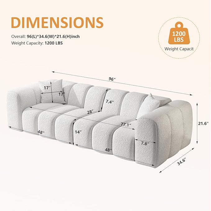 96 Modular Sectional SofaModern Boneless Cloud Couch with Deep SeatUpholstered 4-Seater Sofa Chenille Boucle Couches for Living Room Wide Seat Cozy Loveseat with Armrest (White 96-INCH)