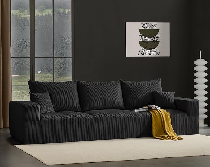 113 Modular Sectional Couch Cloud Boneless Sofa with Deep Seats Upholstered Corduroy Sleeper Sofa Bed with 3-Seater for Living Room No Assembly Required Black