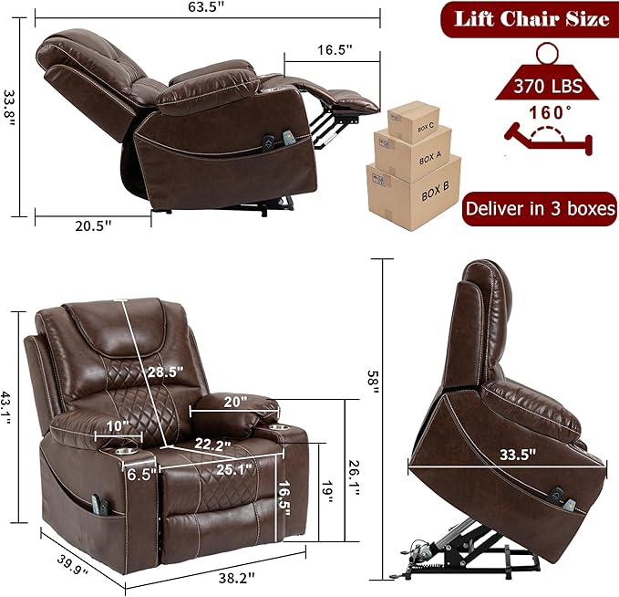 Power Lift Recliner Chair Sofa with Massage and Heat for Big and Tall ElderlyInfinite PositionsSingle MotorCup Holdersand USB PortsFaux Leather Home Theater Seat