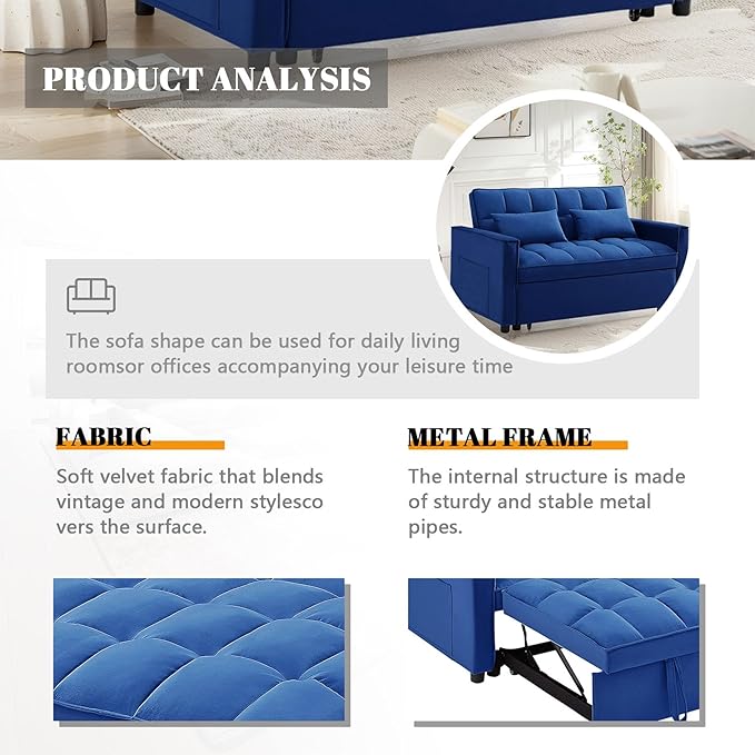 54 Convertible Sofa Bed Velvet Sleeper Sofa with Pull-Out Bed 3-in-1 Futon Couch with Reclining Backrest and Side Pocket Modern Loveseat for Living Room (Dark Blue)