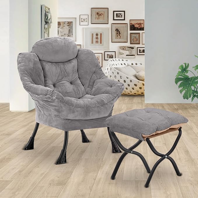 Lazy Chair with Folding OttomanLeisure Sofa ChairSoft Fabric Armchair with Armrests and Side Pockets Reading Chair with Footrest for Living Room Bedroom Office (Plush Light Grey)