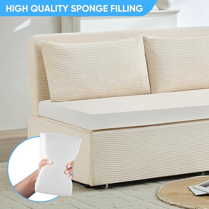 Mjkone 64 Width Sofa Bed Queen Size with Pull Out Couch Beds 2-in-1 Modern Corduroy Living Room Pull Out Sleeper Sofa Bed Couch with Cushions and Throw Pillows for Apartment Home Office Beige