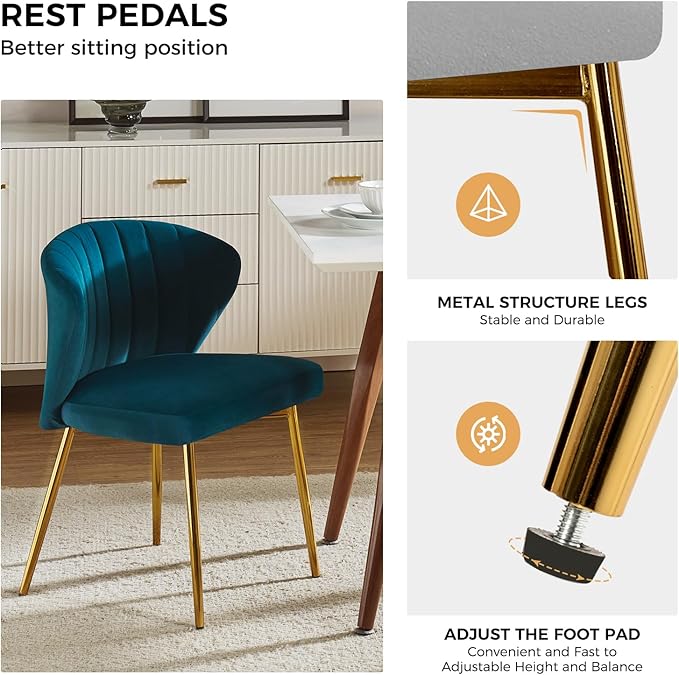 HULALA HOME Velvet Dining Chairs Modern Small Armless Accent Chair with Gold Metal Legs Living Room Upholstered Cute Side Chair Elegant Tufted Back Vanity Chair for Bedroom/Beauty Room-Teal