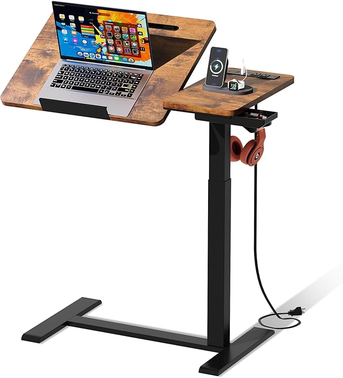 Standing Desk Medical Overbed Table with Rolling Tray and Power Outlet Dual Pneumatic Angel and Height Adjustable Desk Portable Side Table with Drawer for Home &amp Hospital Rustic Brown