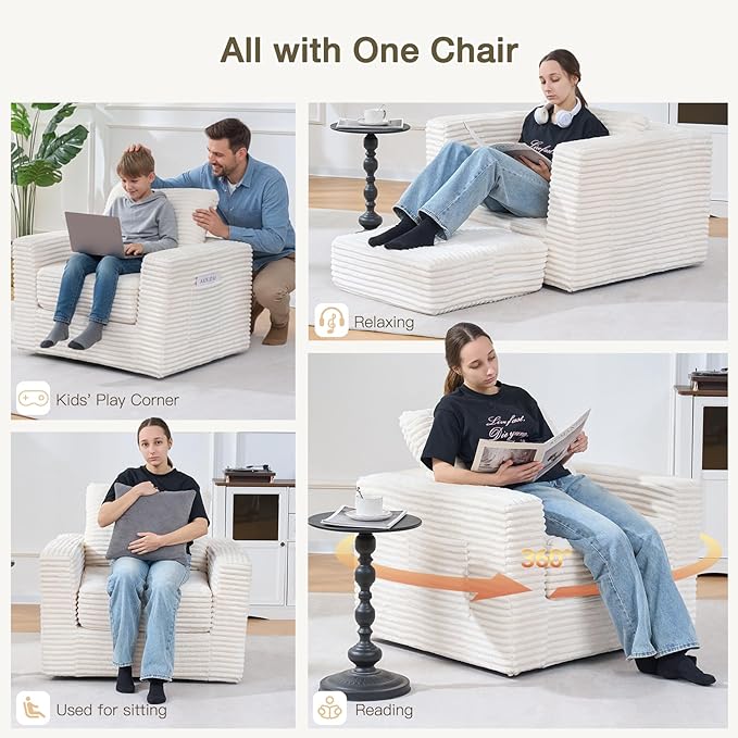 EROMMY 37.4 Boneless Swivel Accent ChairOversized Detachable Seat Swivel Chair for Living Room and Bedroom Modern Corduroy Upholstered Accent Armchair Beige