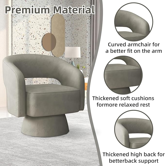 INZOY Swivel Barrel Chair with Velvet Fabric Swivel Accent Chair with Thickened Soft Cushion Comfy Round Swivel Chair for Living Room Bedroom Grey