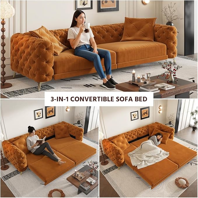 97.7 King Pull Out Sofa Bed Velvet Chesterfield Sleeper Sofa Couch 3 in 1 Convertible Tufted Futon Couches with Ottoman for Living Room Small Space Apartment Office Bedroom Orange