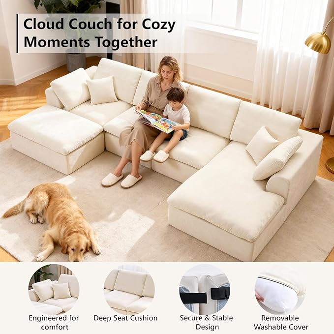 137.8 Large Sectional Couches for Living Room U Shaped Couch with Movable Ottoman 4-Seater Cloud Couch Sectional Sofa with Deep Seat No Assembly Required Warm White