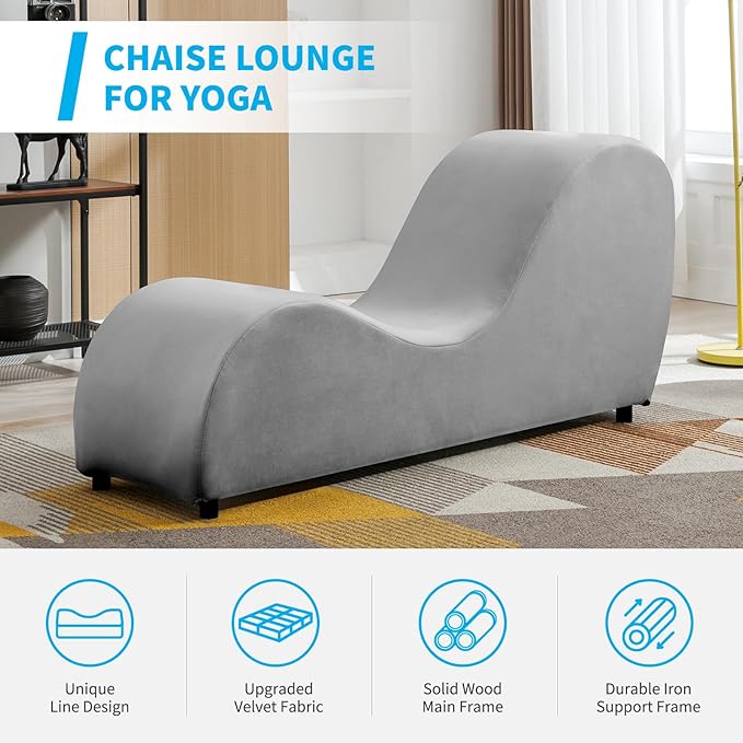 Mjkone 60.6 W Yoga Sofa Chaise Lounge Chair for Adults Office Yoga Stretching Curved Velvet Yogas Chaise Couch Indoor for Living Room Relaxing Lounges Chair for Apartment Exercising Light Grey