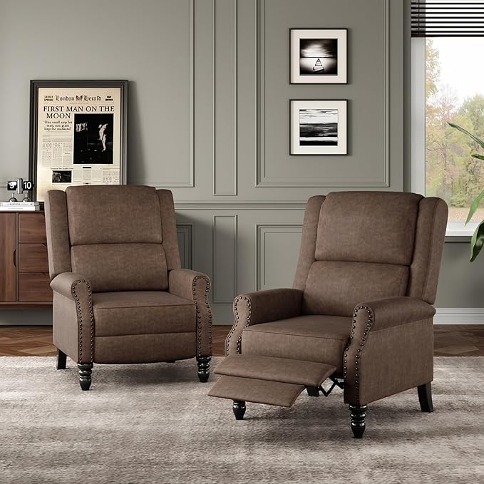 Leather Recliner Chair Pushback Recliner Chair with Adjustable Backrest Footrest Mid-Century Modern Living Room Reclining Chairs with Lumbar Support for Reading Bedroom (Brown)