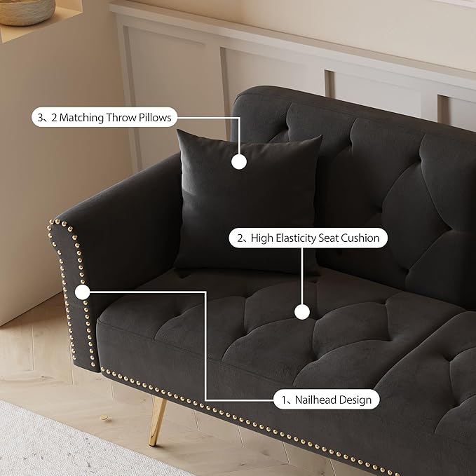 KEIKI 70 Folding Futon Sofa Couch w/Adjustable Backrest Mid Century Modern Loveseat Convertible to Sleeper Bed Small Comfy Velvet Cloud Couch SofaBed for Living Room &amp Bedroom 2 Pillows Black