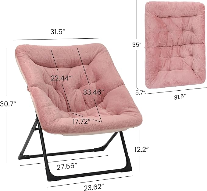 Comfy Saucer Chair for Adults Soft Faux Fur Bedroom Chair Accent Dorm Chairs Flexible Living Room Reading Chairs Oversized Folding Seat for Teens X-Large Dusky Pink