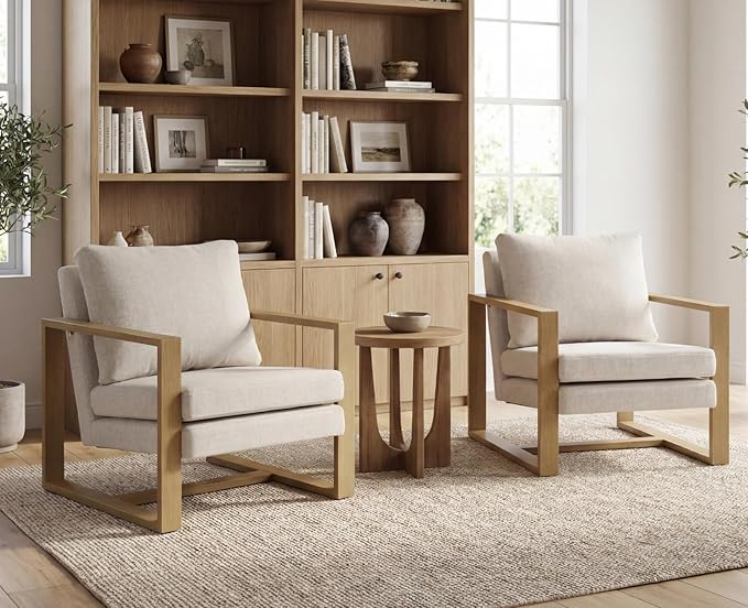 CIMOTA Modern Mid Century Accent Chairs Set of 2 Comfy Armchairs with 8.5 Thick Cushion &amp Armrests Upholstered Reading Lounge Chairs with Natural Wood Frame for Living Room Bedroom Office Beige
