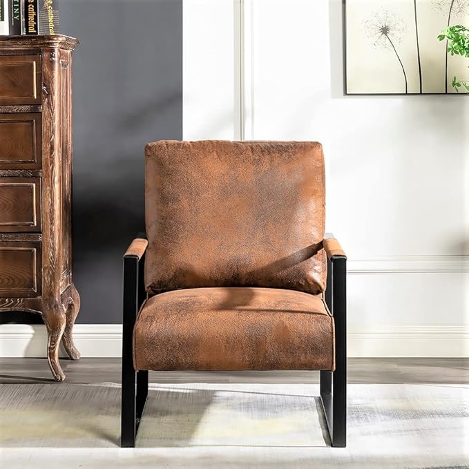 Container Furniture Classic Mid Century Modern Accent Chair with Durable Square Metal Frame Armchair for Living Room Bedroom Home Office in Spotted Microfiber Upholstery Light Brown