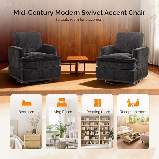 VINGLI Mid-Century Modern Single Swivel Armchairs Set of 2 360° Swivel Double-Layer Seat Cushions Upholstered Square Club Chair for Living Room Bedroom Reading RoomChenille Black