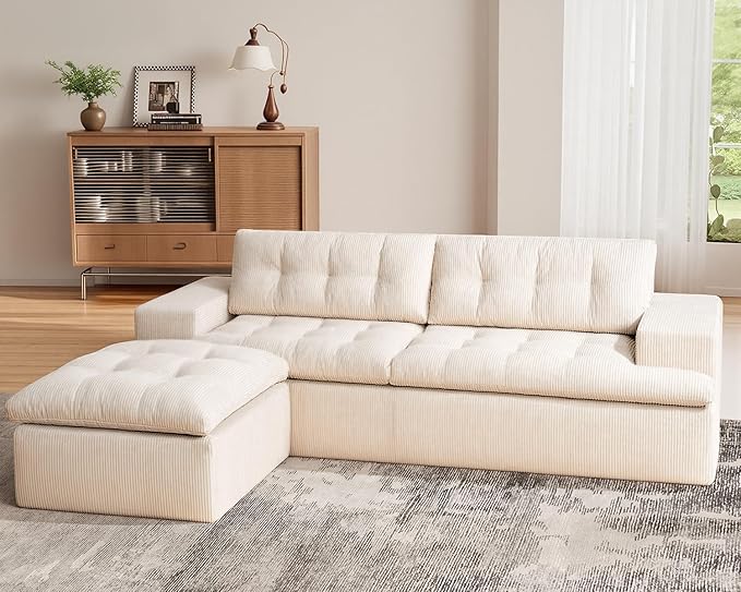 Cloud Sectional Boneless Sofa with Ottoman Modular L Shaped Couch with Layered Cushion Fluffy Comfy Couches for Living Room No Assembly Beige