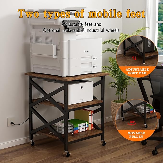 Large Printer Stand with Power Outlet with Height Adjustable Storage Shelf 3 Tier Rolling Printer Cart with Industrial Wheels 23.6 x 23.6 Inches Printer Table for Home Office Rustic Brown
