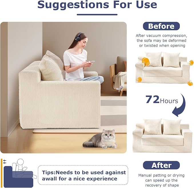 Convertible Sofa Bed Boneless Couch Loveseat Sleeper 2 in 1 Folding Couch Bed Fold Out Comfy Floor Futon Sofa with Pillows for Living Room Bedroom Beige