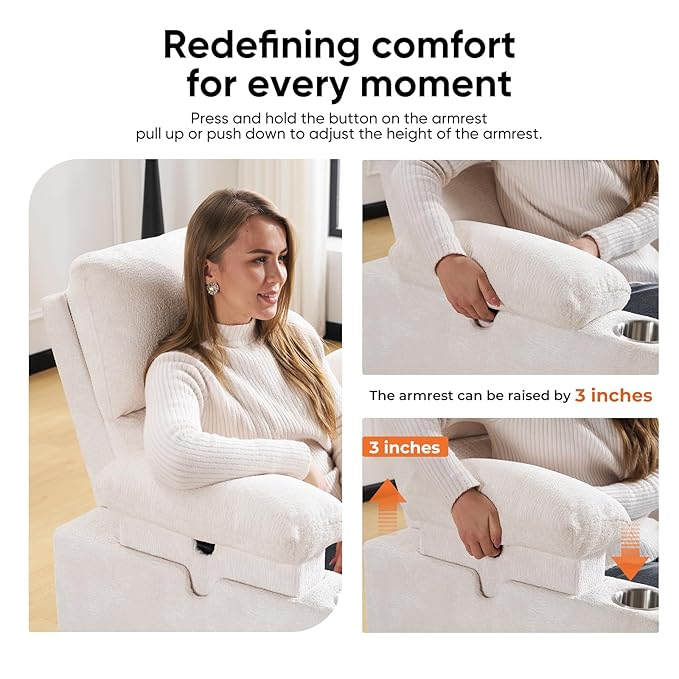 Swivel Rocker Recliner with Adjustable Armrests Rocking Nursery Chair with Adjustable Headrest Cup Holder Manual Recliner Nursing Chair for Breastfeeding Chenille White